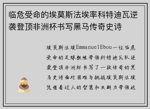 临危受命的埃莫斯法埃率科特迪瓦逆袭登顶非洲杯书写黑马传奇史诗