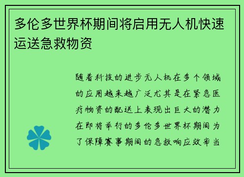 多伦多世界杯期间将启用无人机快速运送急救物资
